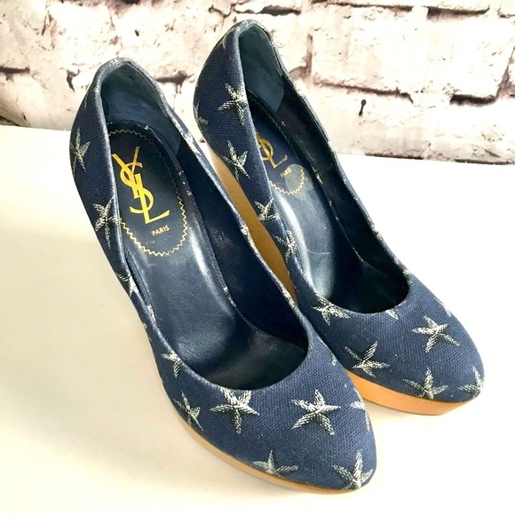 YSL YVES SAINT LAURENT Starfish Print Canvas Platform Wedge Size 9.5 US EU 39.5 - Picture 13 of 13
